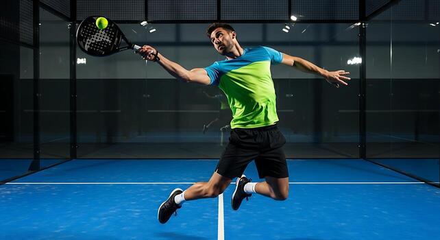 padel player full body action shot jumping to hit smash photo